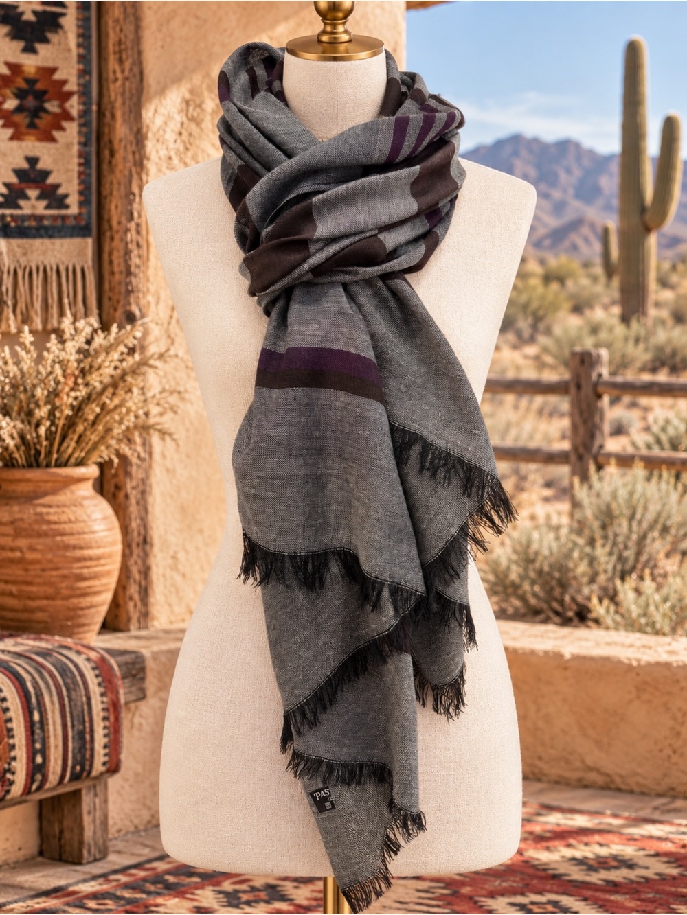 🆕🔥Fall Transition Gray Fringe Wrap Scarf with Purple Stripe - Unbranded